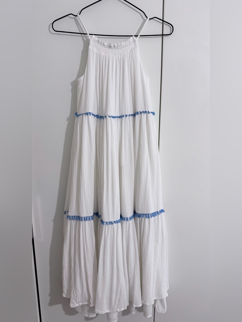 Rachel Zoe White Tiered Maxi Dress with Blue Trim - XXS